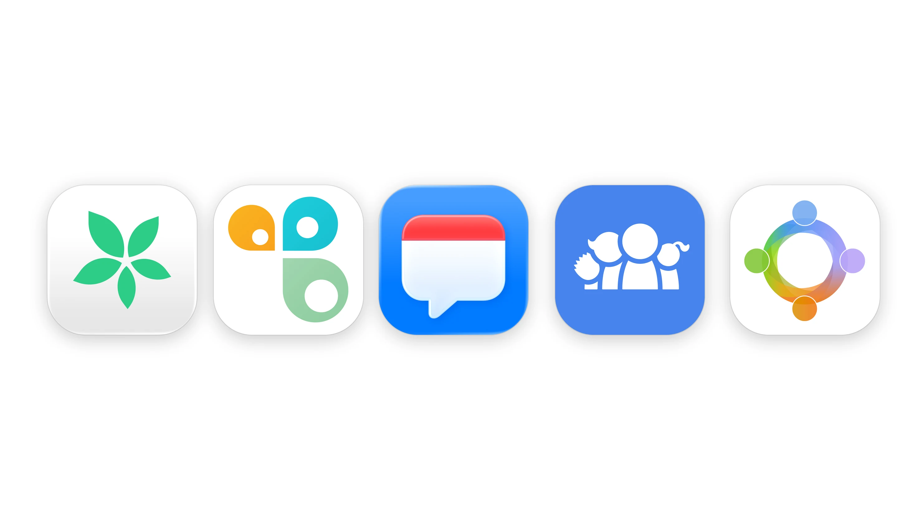 A row of shared calendar app logos, TimeTree, Cozi, OurCal, Family Wall, FamCal