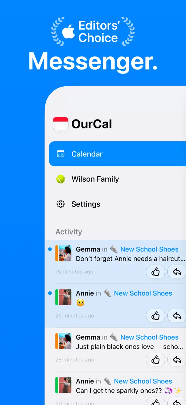 OurCal’s App Store screenshot: the Apple Editors’ Choice laurel above the OurCal drawer, with the calendar, a family group, and an activity feed of event chats