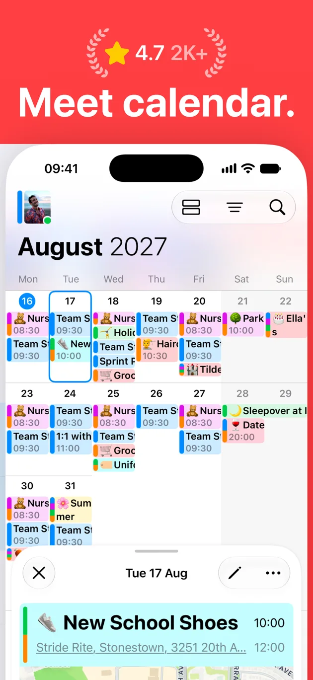 OurCal’s App Store screenshot: a 4.7-star rating laurel above the colour-coded month view, with an event card for New School Shoes