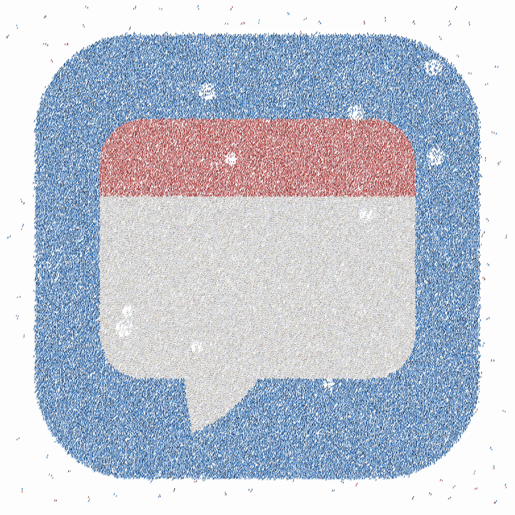 An aerial-view illustration of exactly one hundred thousand tiny people forming a chat app icon: a blue rounded square containing a white speech bubble with a red header bar, with scattered pairs of onlookers around the edges