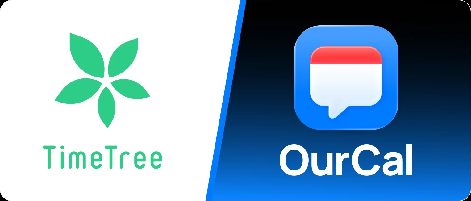 TimeTree logo beside OurCal Shared Calendar App logo. OurCal is seen on a dark background with a blue gradient, radiating calendar security.