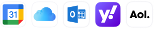 Calendar app integration icons showing Google Calendar, iCloud, Outlook, Yahoo Calendar, and AOL, enabling easy import and syncing of events from other calendars.