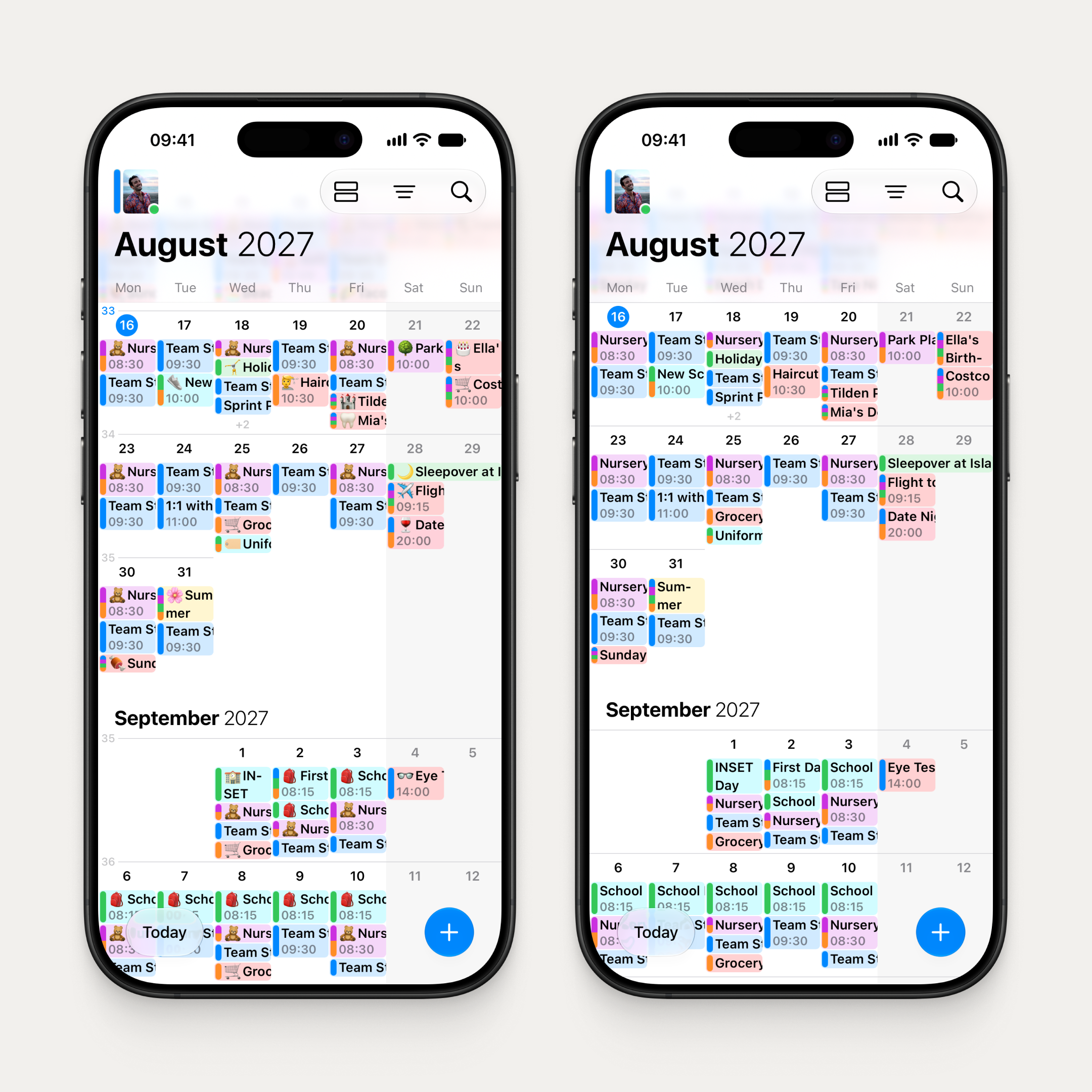 Two iPhones side by side showing the same OurCal calendar view. Left: week numbers on, shown in a narrow column at the left with this week's number tinted blue. Right: event emojis toggled off, so events show titles only.