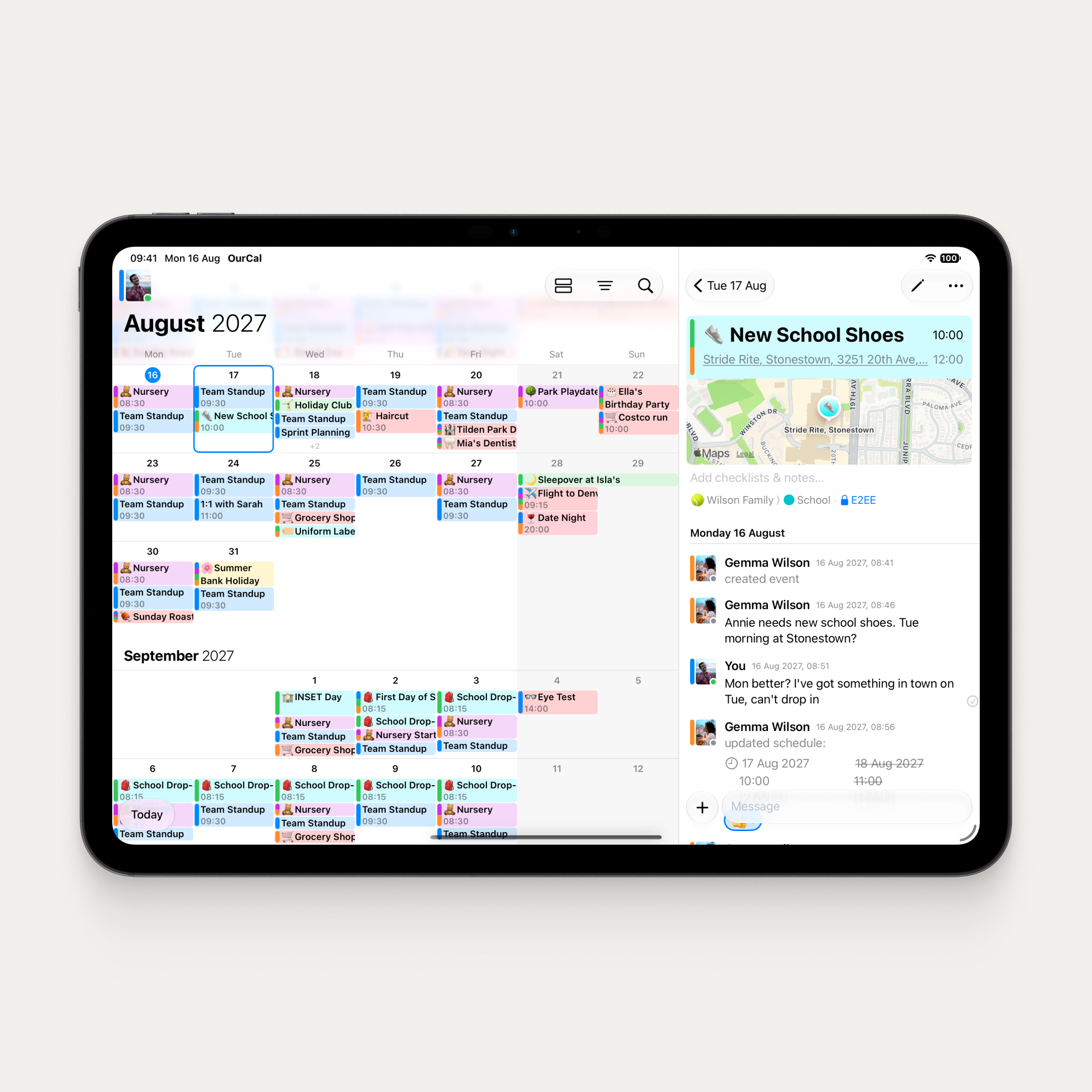 An iPad in landscape showing the OurCal calendar for August 2027 with the agenda column beside it. The New School Shoes event is open in the column with a map preview and the Wilson Family chat thread, and the view mode, filter, and search buttons sit alongside.