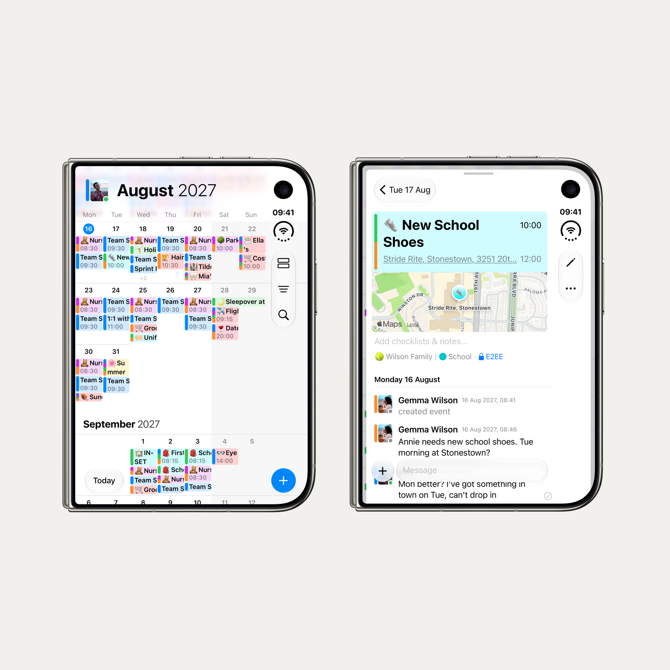 Two iPhone Duo devices closed, side by side. Left: the OurCal calendar for August 2027 on the outer display. Right: the New School Shoes event open with a map preview and the chat thread below.