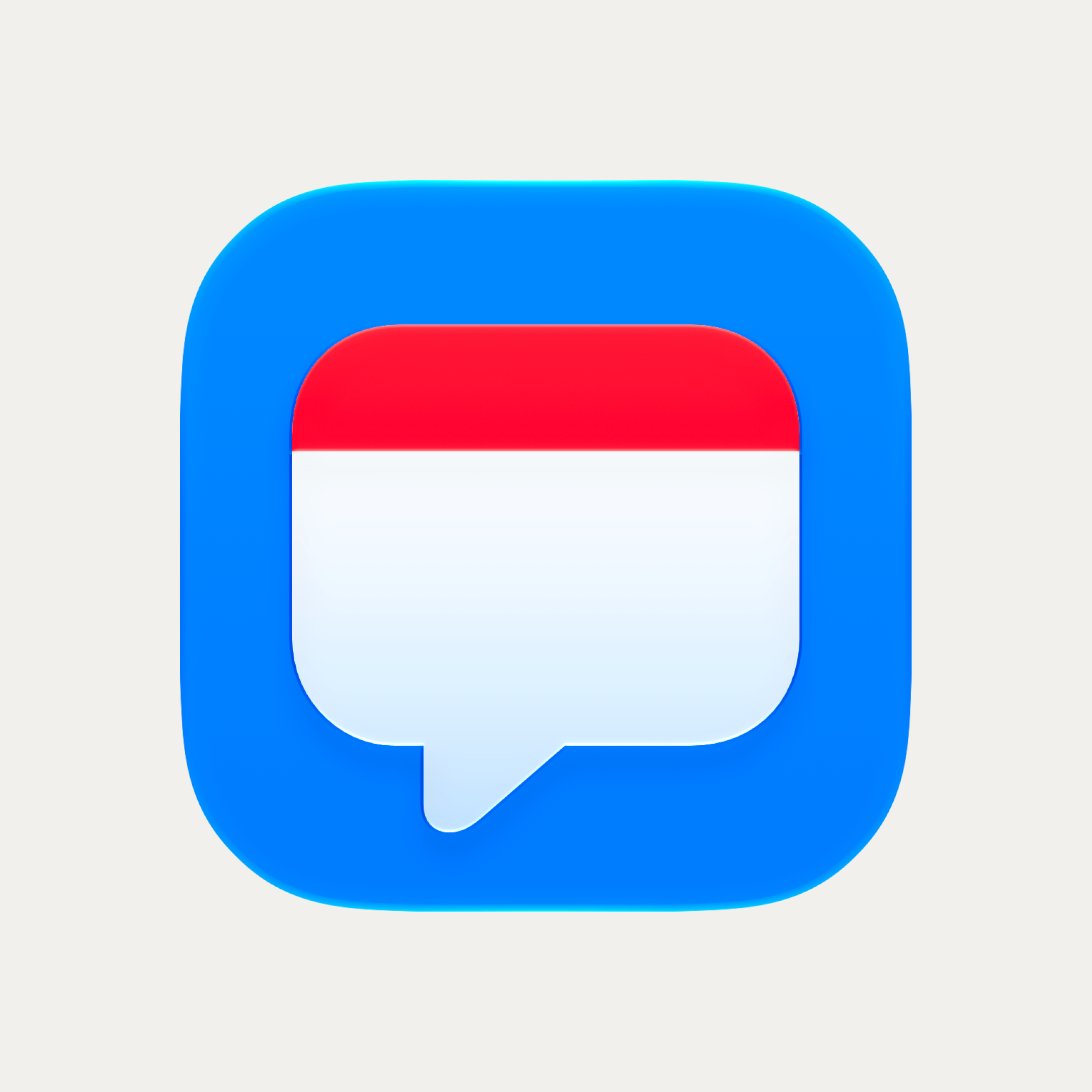 The new OurCal app icon: a white calendar page with a red header fused with a chat bubble, on a vibrant blue background.
