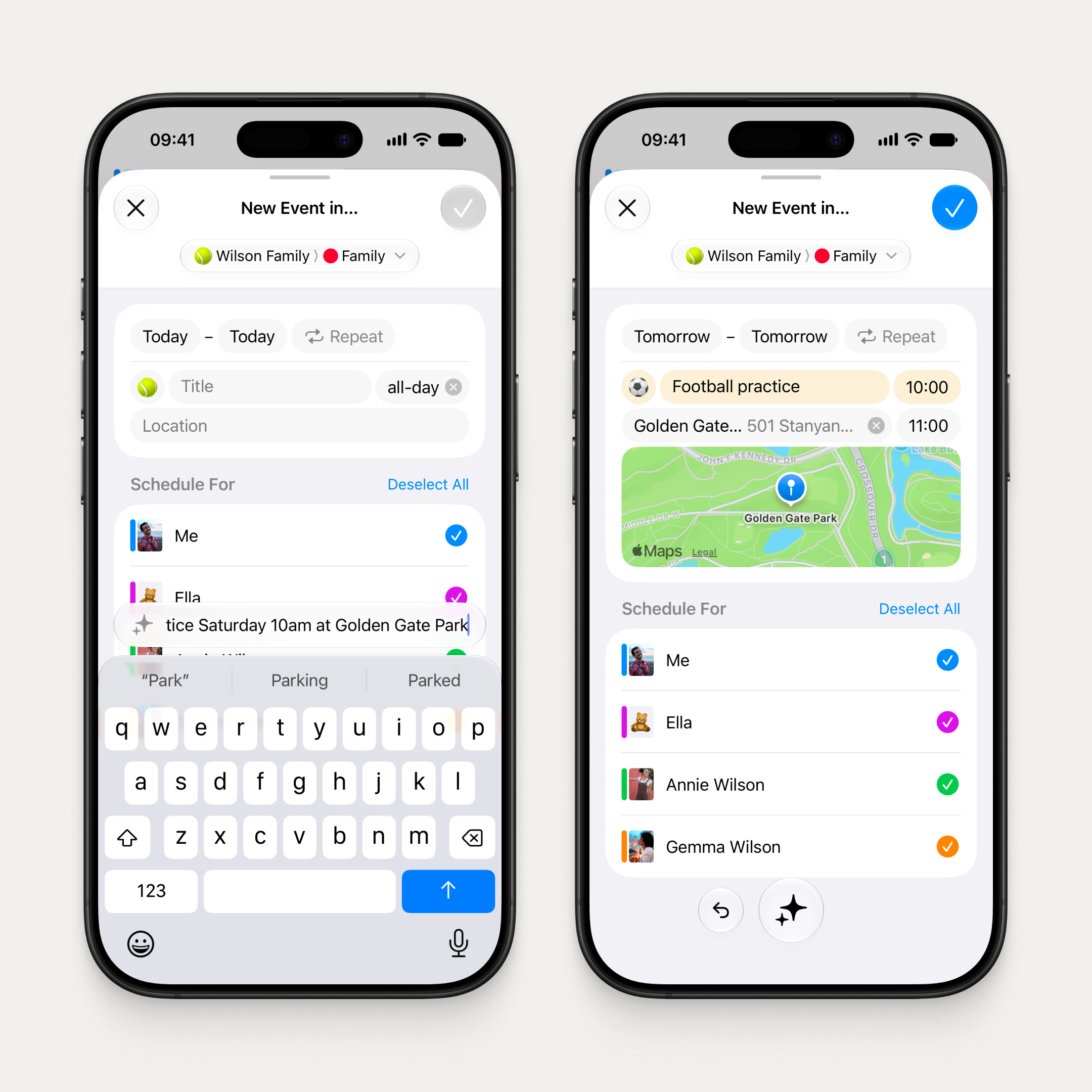 Two iPhones. Left: the New Event form with "Football practice Saturday 10am at Golden Gate Park" being typed into the Form Assistant. Right: the completed form with "Football practice" as the title, tomorrow at 10:00 to 11:00, Golden Gate Park as the location with a map preview, and Me, Ella, Annie, and Gemma scheduled.