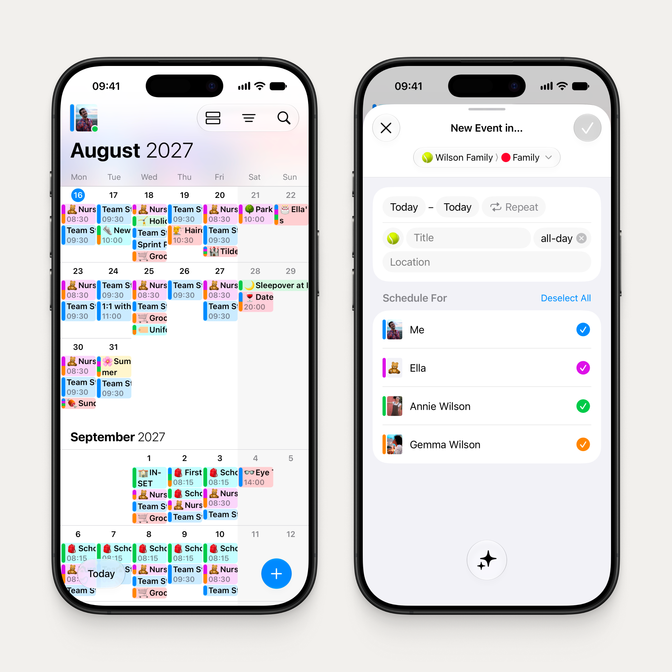 Two iPhones. Left: the OurCal calendar for August 2027 with the refined Liquid Glass header, toolbar, and floating buttons. Right: the New Event form with Liquid Glass on the header and calendar picker pill.