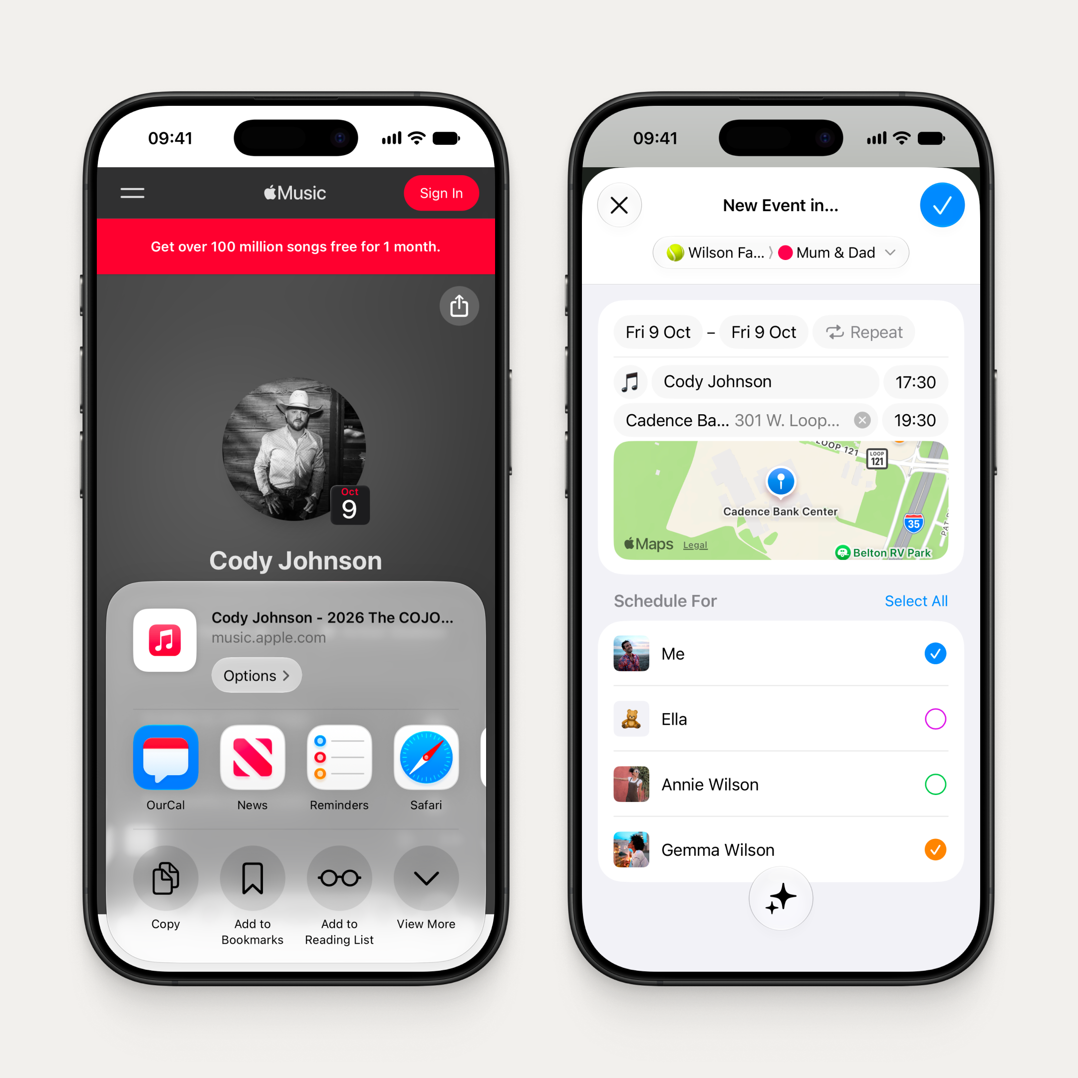 Two iPhones. Left: Apple Music showing a Cody Johnson concert with the share sheet open and OurCal selected. Right: the OurCal share extension showing a pre-filled New Event with "Cody Johnson" as the title, Friday 9 October at 17:30, Cadence Bank Center as the location with a map preview, and the Wilson Family members ready to schedule.