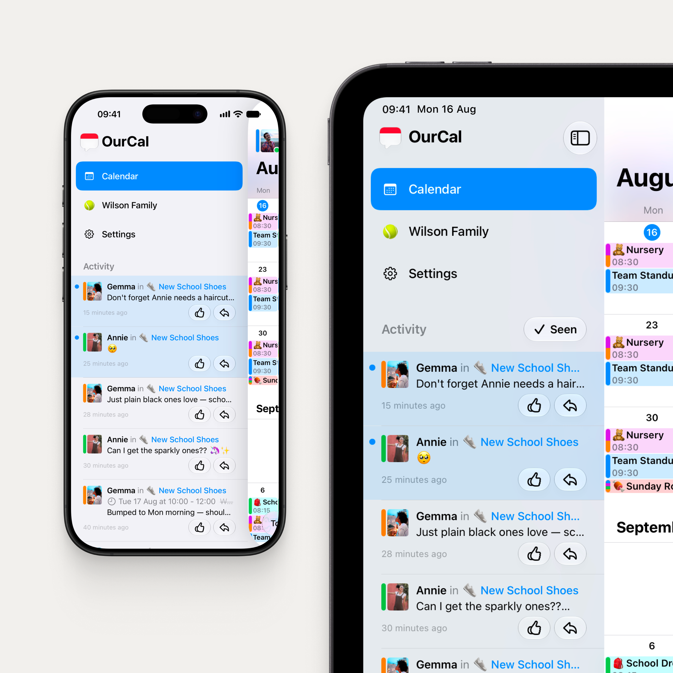 An iPhone and iPad side by side. The iPhone shows the drawer swiped open with Calendar, Wilson Family, and Settings navigation, and the Activity feed below showing recent messages from Gemma and Annie about New School Shoes. The iPad shows the same content as a sidebar beside the calendar, with the sidebar toggle in the top right and a "Seen" button in the Activity header.