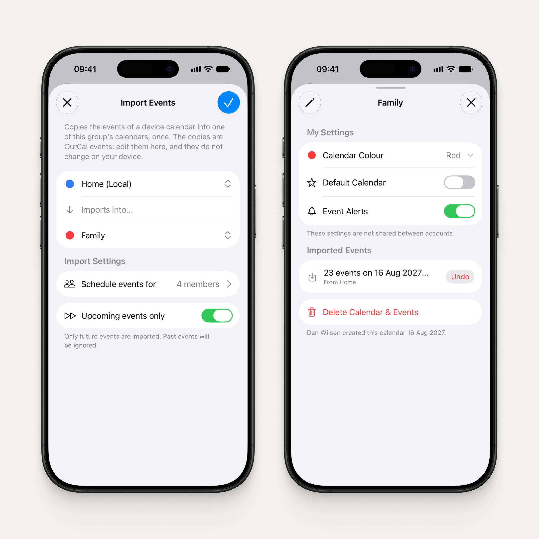 Two iPhones side by side. The first shows the Import Events form with a device calendar named Home importing into the Family calendar, scheduled for 4 members, with Upcoming events only switched on. The second shows the Family calendar's settings with an Imported Events entry of 23 events from Home and an Undo button.