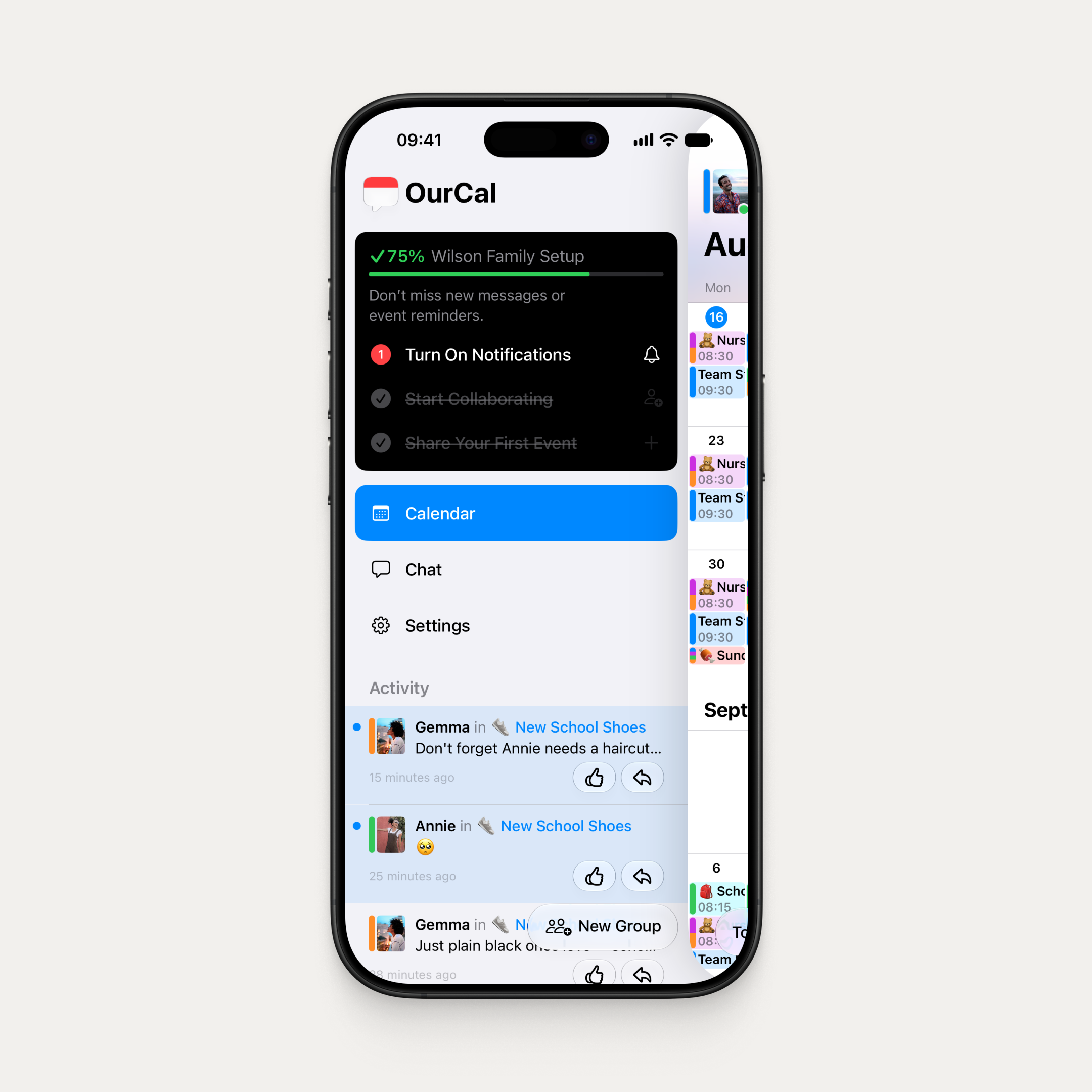 An iPhone with the OurCal menu open over the calendar. A Wilson Family Setup card shows 75 percent complete, with Turn On Notifications still to do and Start Collaborating and Share Your First Event ticked off.