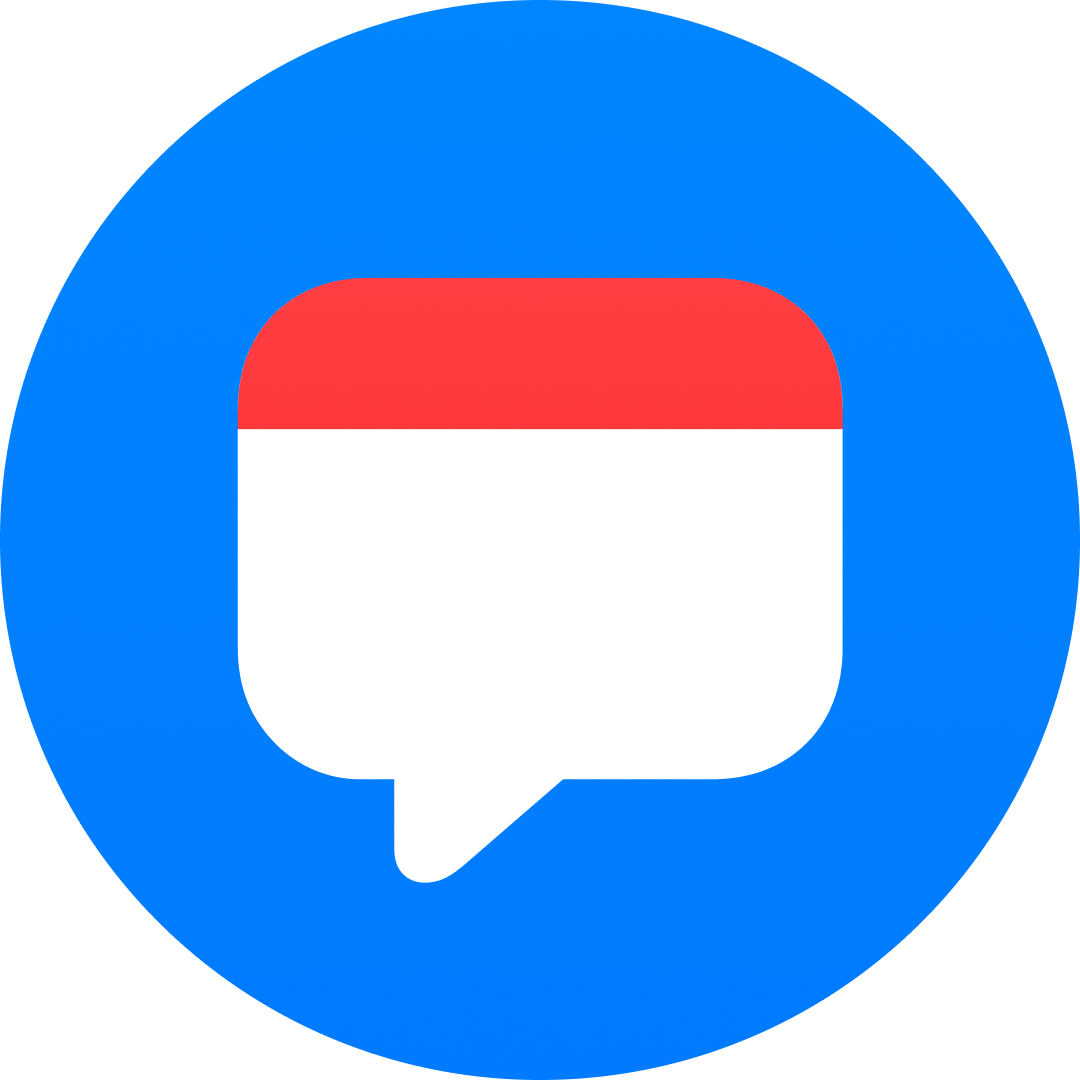 The new OurCal Android app icon: a white chat bubble with a red calendar band across its top, on a blue circle.