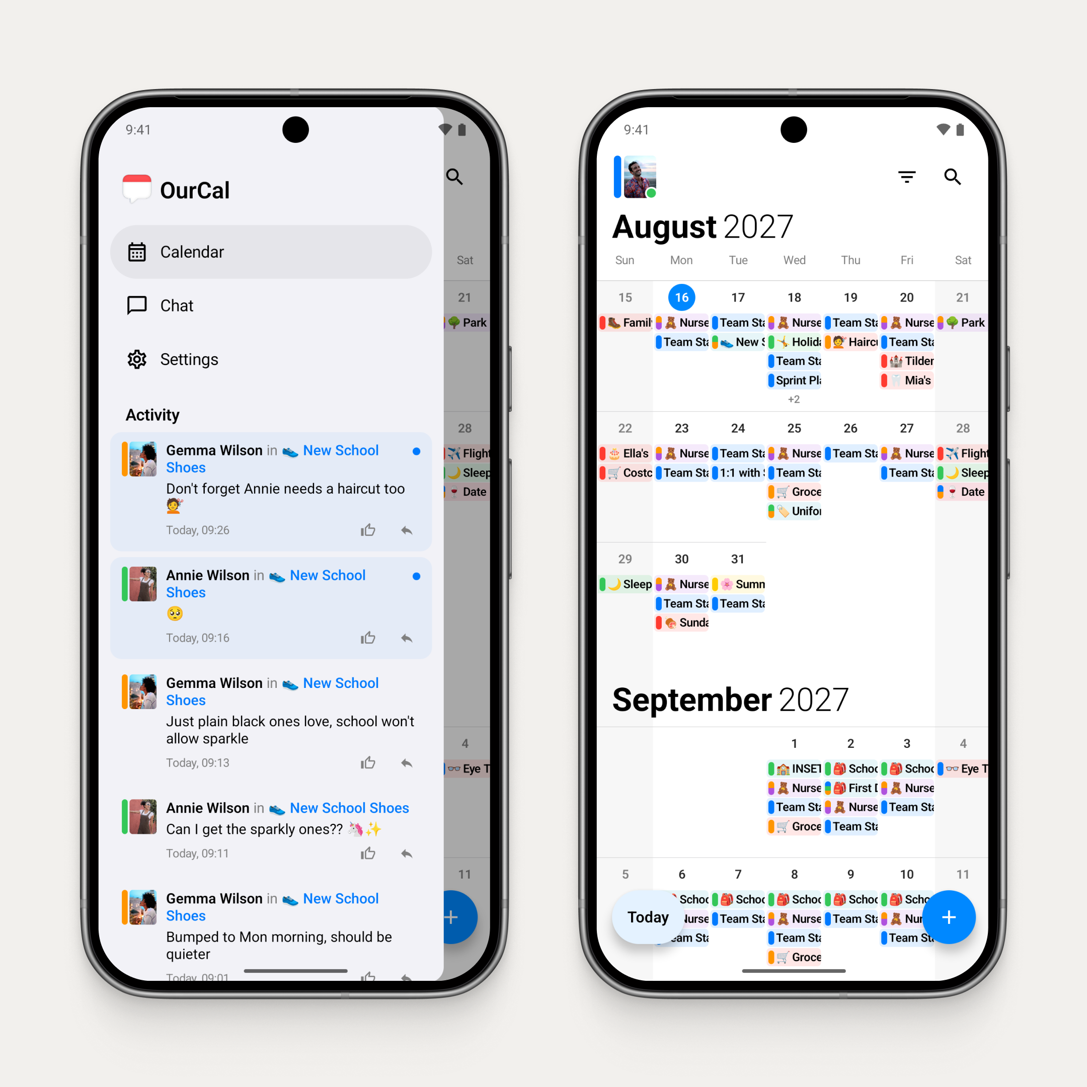 Two Android phones side by side. The first shows the OurCal drawer with rows for Calendar, Chat and Settings, and an Activity feed of messages from Gemma and Annie Wilson about new school shoes. The second shows the OurCal calendar for August and September 2027.