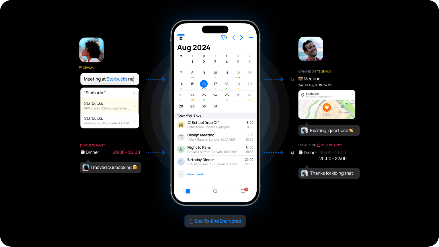 OurCal Shared Calendar App. Showing a couple sharing calendar events, editing the names of events and locations, and responding in the calendar chat. Banner at the bottom states that everything is end-to-end encrypted. 