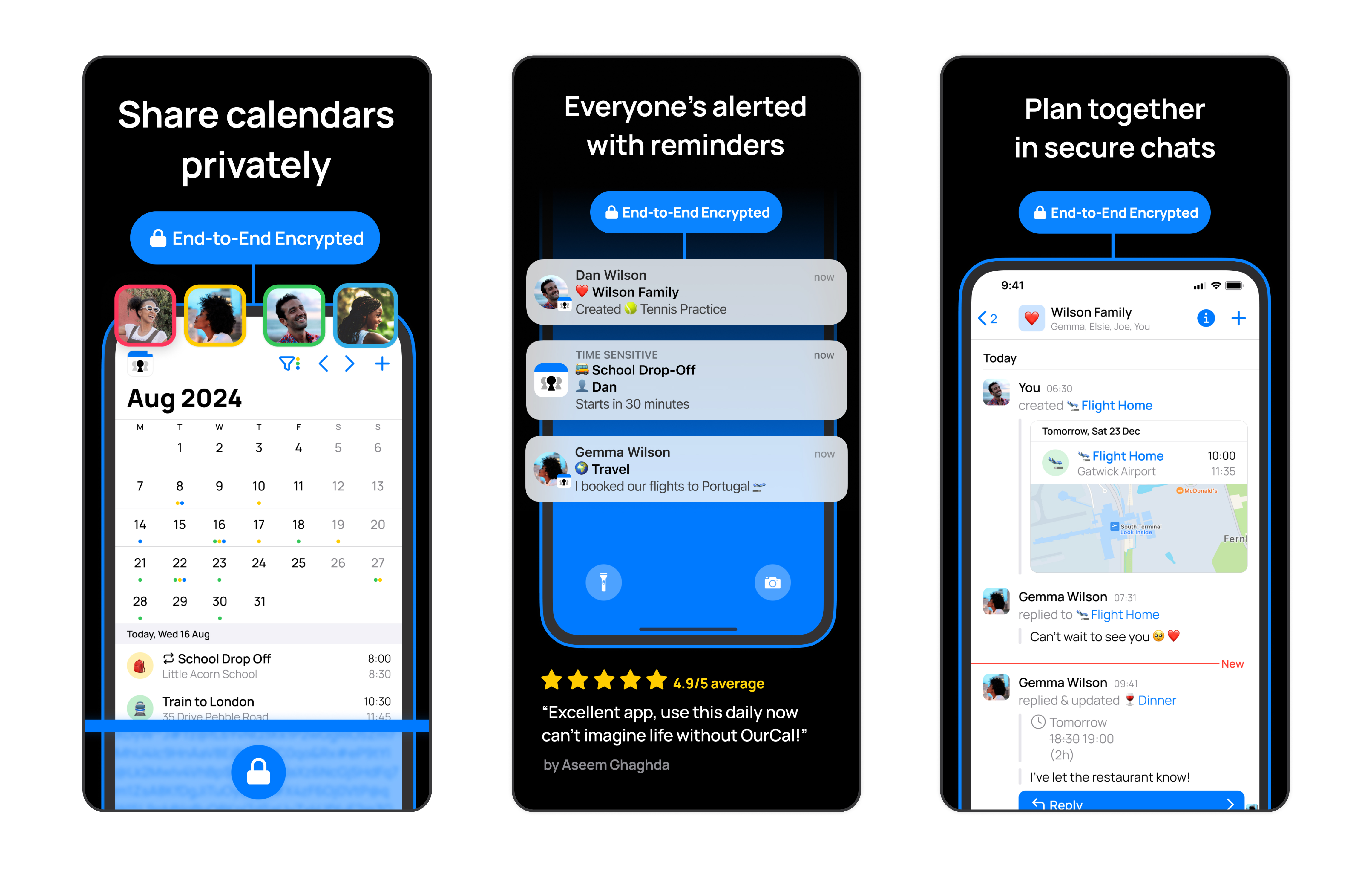OurCal App Store visuals, showing the shared calendar, reminders, and messaging features.