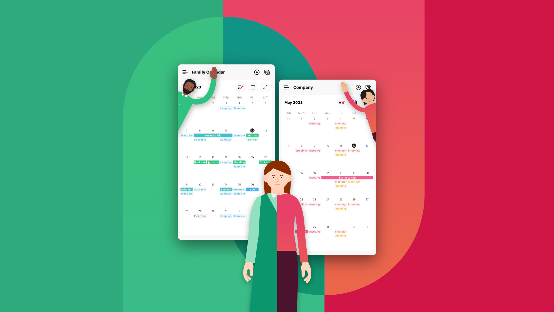TimeTree shared calendar app calendar screens with male and female avatars
