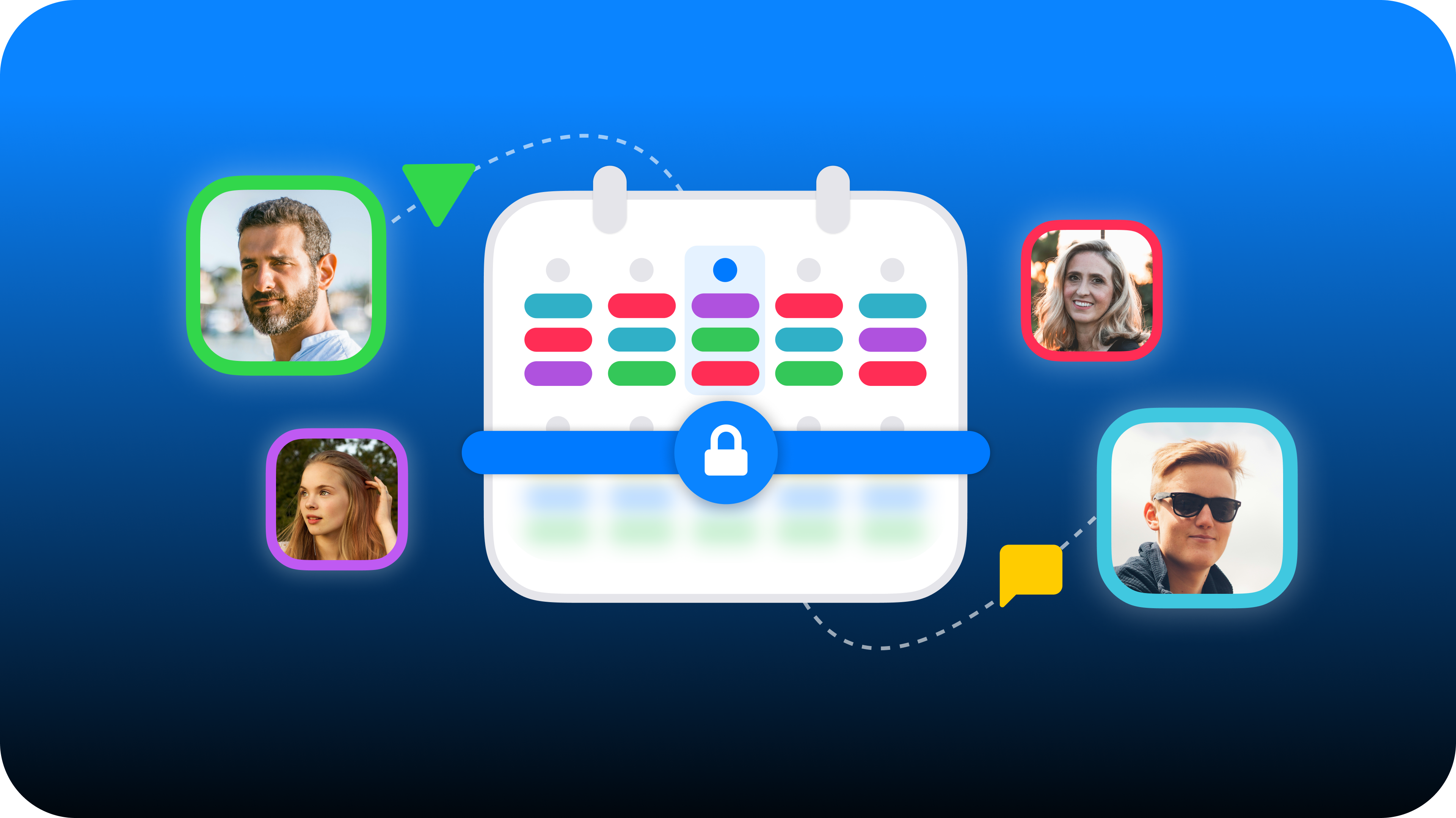 Family members around a shared calendar, locked for privacy, with messages and notifications