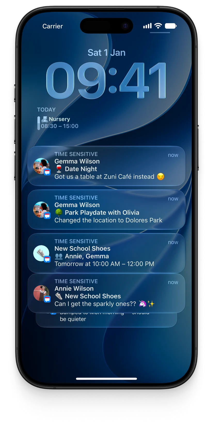 iPhone lock screen showing OurCal calendar-change notifications