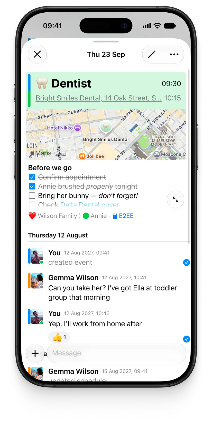 An OurCal event’s chat thread on iPhone