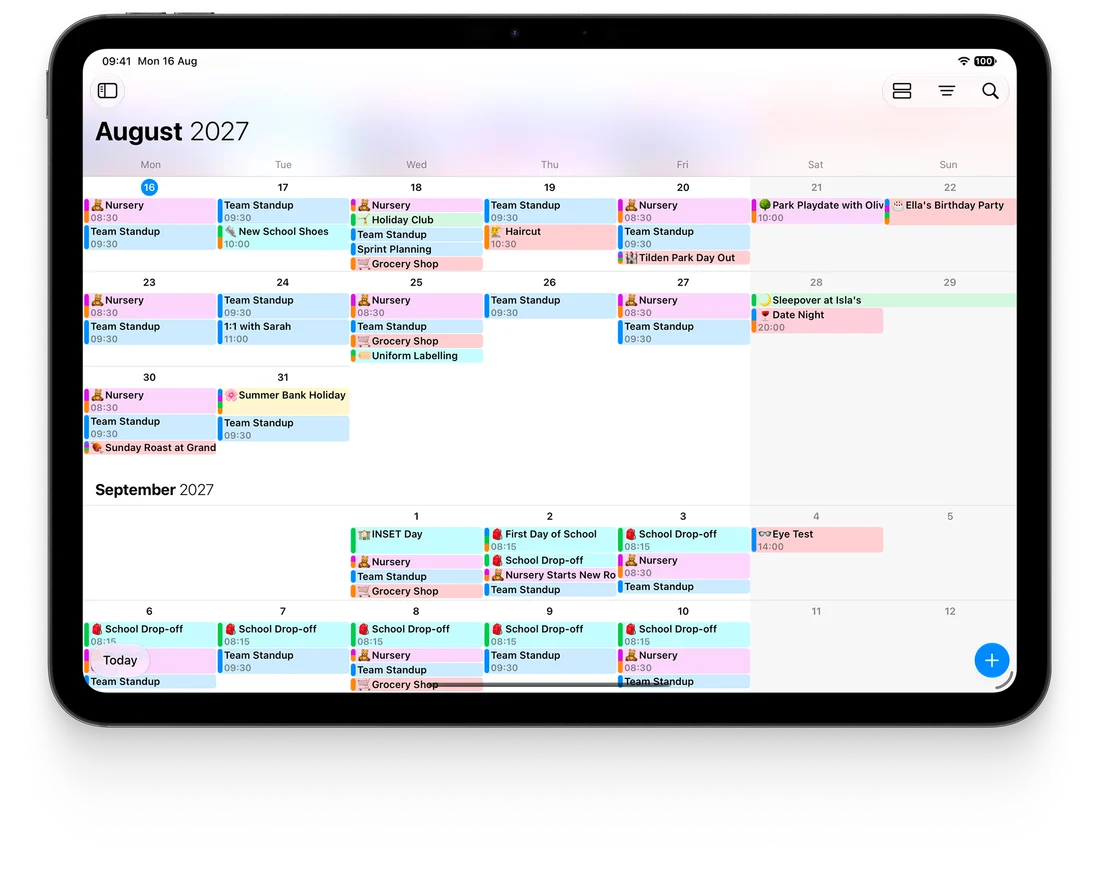 A family’s colour-coded shared calendar in month view on an iPad