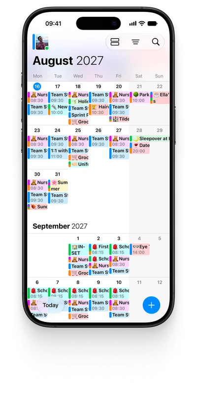 A family’s colour-coded shared calendar in month view on an iPhone