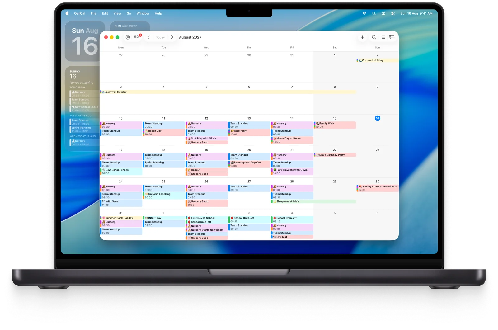 A family’s colour-coded shared calendar in month view on a MacBook